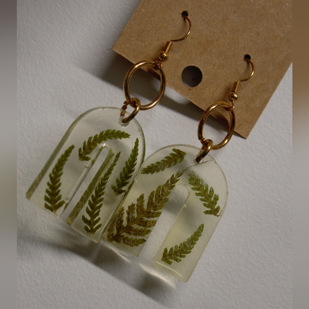 Handmade Real Fern Resin Arch Earrings with Gold Hooks -Hypoallergenic